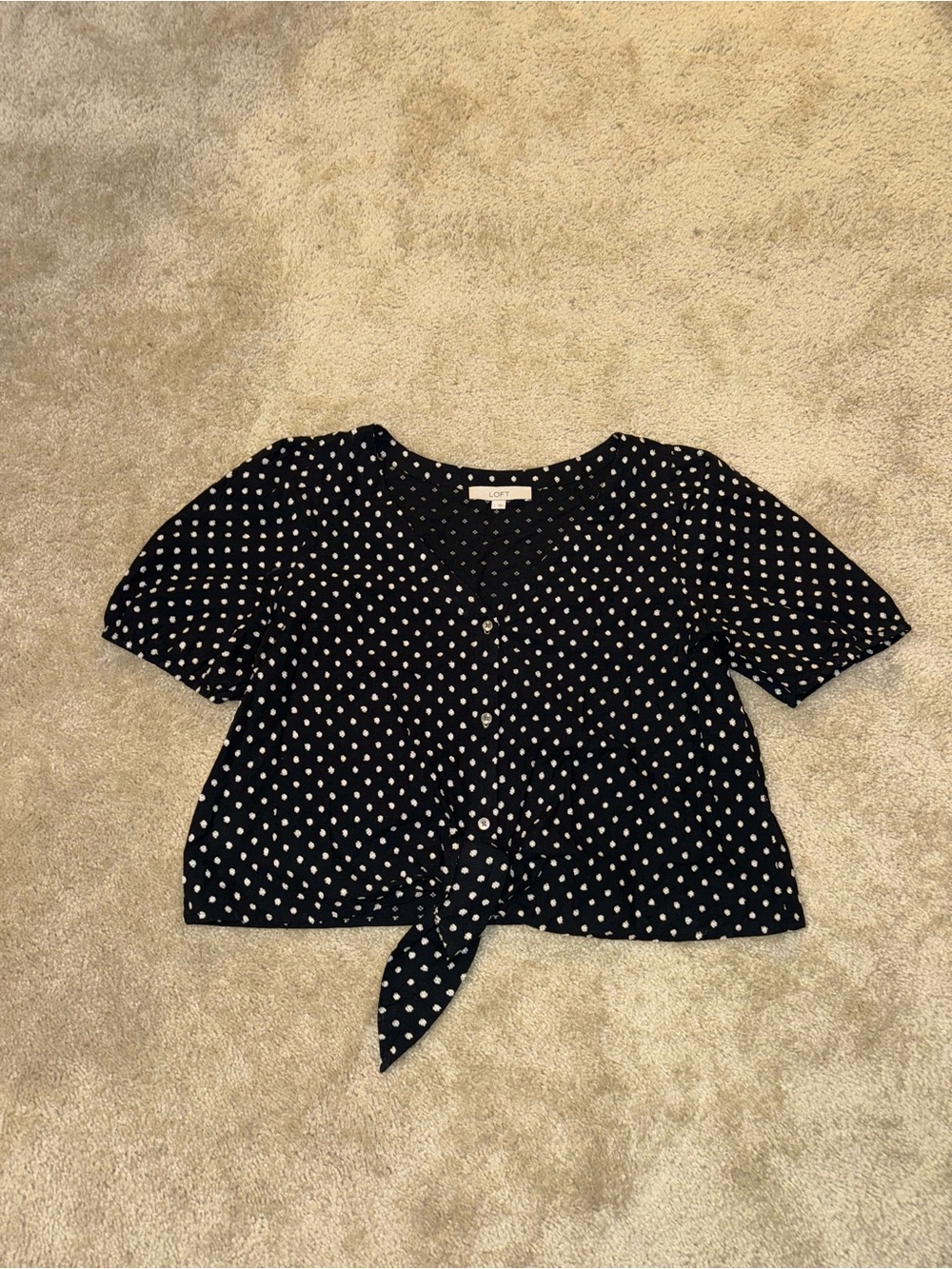 Loft 100% Cotton Black Polka Dot Tie-Front Short Sleeve Top